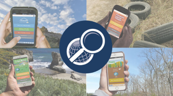 Hands holding phones with each of the landing screens for Clouds, Mosquito Habitat Mapper, Land Cover and Trees in front of backgrounds representing the data collected by each of the four tools.